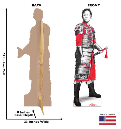 Life-size cardboard standee of Mulan as a Soldier from Disney's live action movie with front and back view and dimensions.