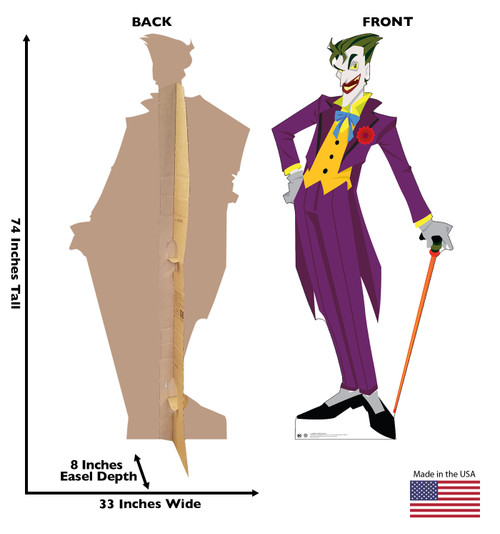 Life-size cardboard standee of The Joker in a purple suit with front and back dimensions.