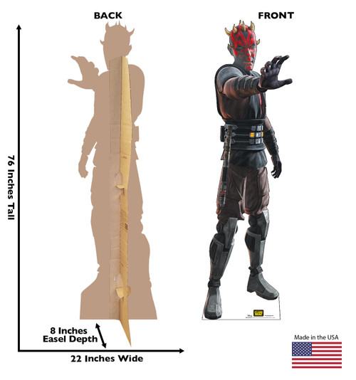 Life-size cardboard standee of the character Darth Maul from Clone Wars Season 7 with front and back dimensions. 