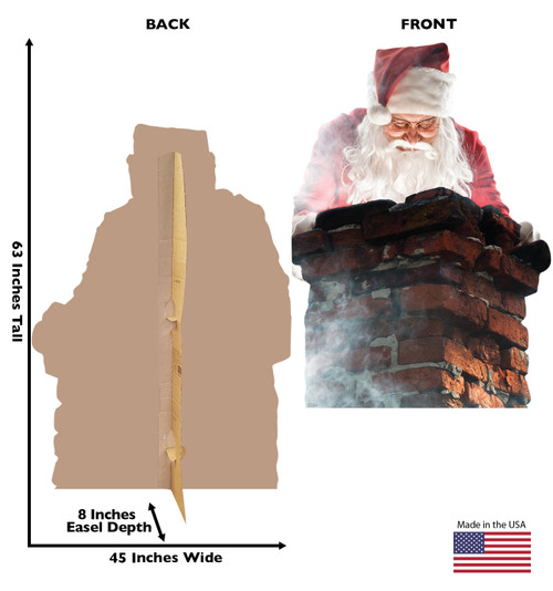 Life-size cardboard standee of Santa in a Chimney with front and back dimensions.