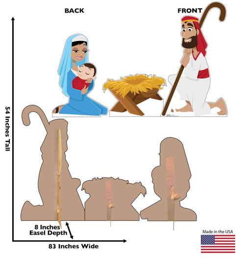 Life-size cardboard standee set of the Nativity with front and back dimensions.