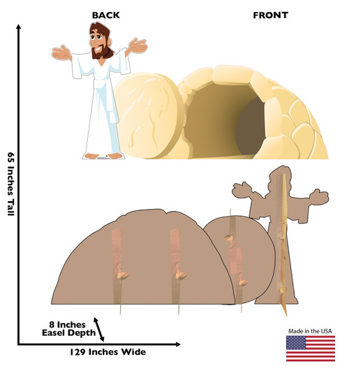 Life-size cardboard standee set of Easter_Jesus has Risen with front and back dimensions.