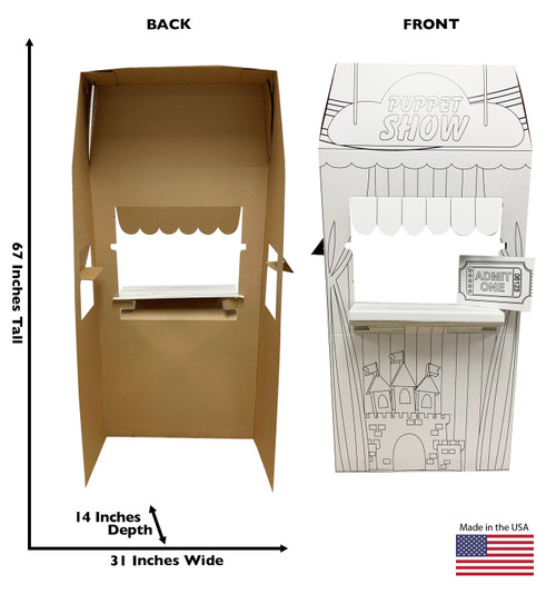 Life-size Color Me Puppet Show Stand with front and back dimensions.