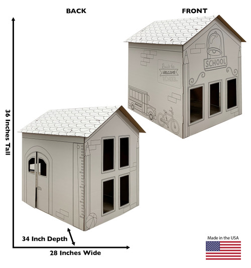 Life-size Color Me School House with front and back dimensions.