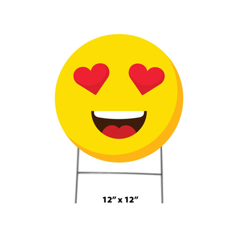 Coroplast outdoor yard sign icon of an emoji with heart eyes with dimensions.