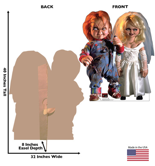 Life-size cardboard standee of Chucky and His Bride with back and front dimensions.