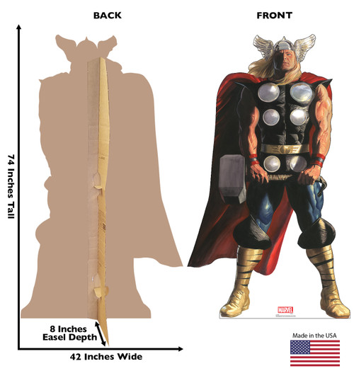 Life-size cardboard standee of Thor from Marvels Timeless Collection with back and front dimensions.