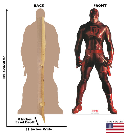 Life-size cardboard standee of Daredevil from Marvels Timeless Collection with back and front dimensions.