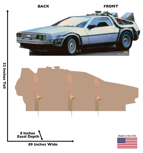 Life-size cardboard  standee of the DeLorean from Back to the Future movie with front and back dimensions.