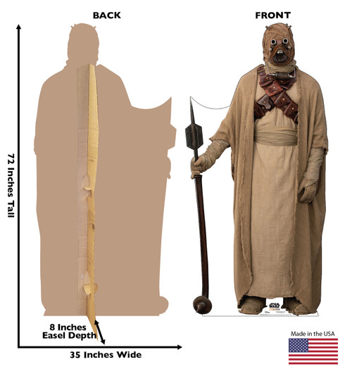 Life-size cardboard standee of a Tusken Raider from the Mandalorian season 2 with back and front dimensions.