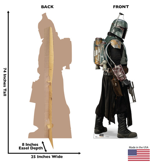 Life-size cardboard standee of Boba Fett Armor  from the Mandalorian season 2 with back and front dimensions.