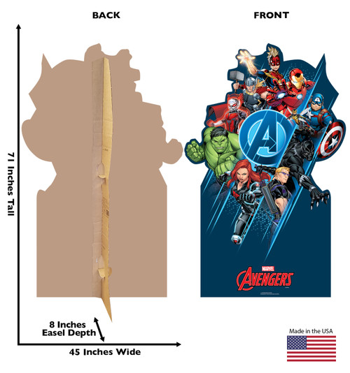 Life-size cardboard standee of the Avengers Classic Group with back and front dimensions.