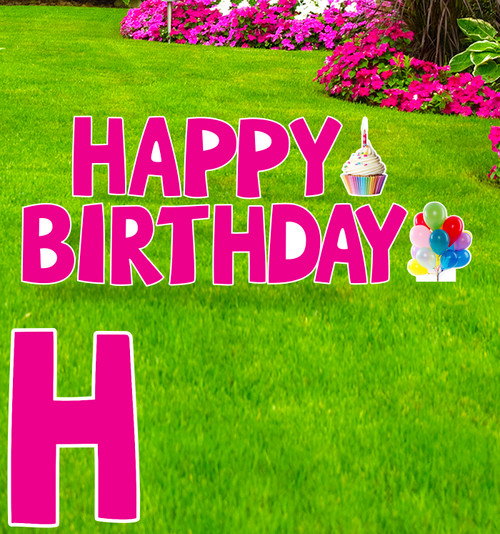 Coroplast pink Paper Happy Birthday yard signs with background.