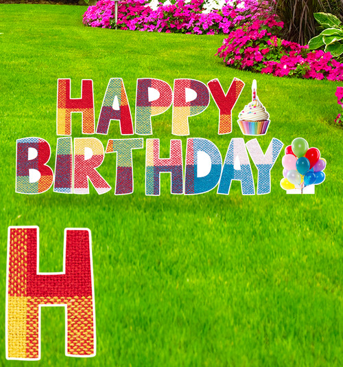 Coroplast plaid Paper Happy Birthday yard signs with background.