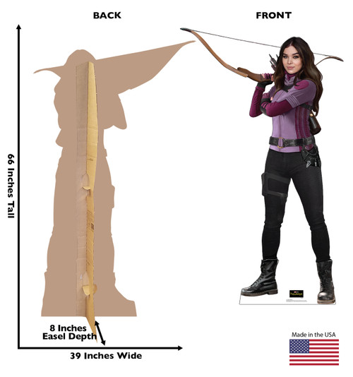 Life-size cardboard standee of Kate Bishop from the Disney+ Hawkeye TV Series with back and front dimensions.