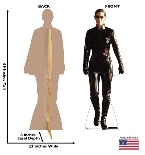 Life-size cardboard standee of Trinity from the movie The Matrix with front and back dimensions.