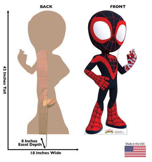 Life-size cardboard standee of Miles Morales Spider-Man with front and back dimensions.