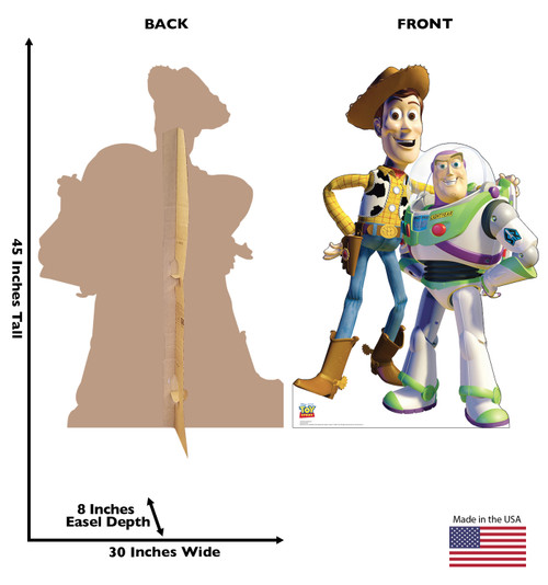 Life-size cardboard standee of Buzz and Woody from Disney's Toy Story with front and back dimensions.