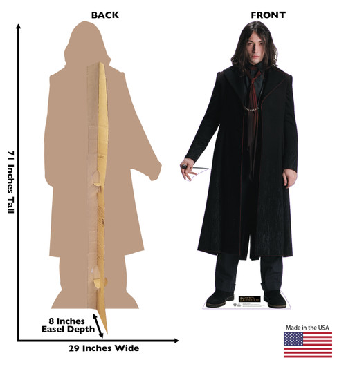 Life-size cardboard standee of Credence Barebone from Fantastic Beasts The Secrets of Dumbledore with front and back dimensions.