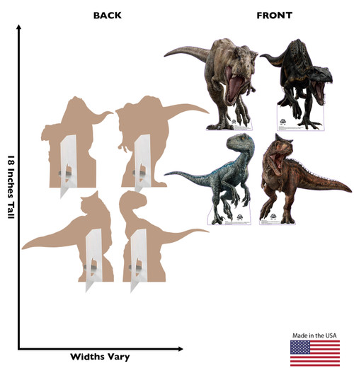 Mini Standees Set of 4 (T-Rex, Indoraptor, Camotaurus & Blue) The Lost World with back and front dimensions.