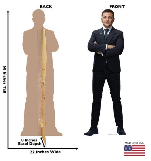 President Volodymyr Zelenskyy Cardboard Standee with Front and Back Dimensions.
