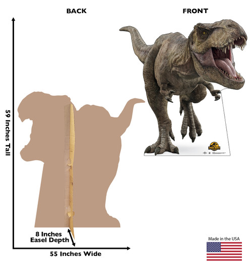 Life-size Cardboard Standee of T-Rex from the movie Jurassic World Dominion with back and front dimensions.