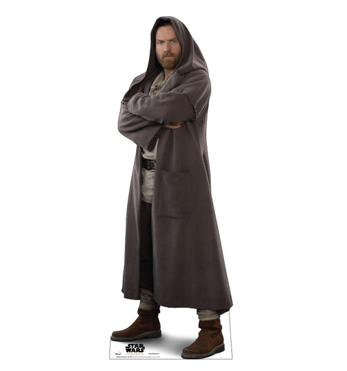 Life-size cardboard standee of Obi-Wan Kenobi with Hood from Star Wars Obi-Wan Kenobi Series on Disney Plus.