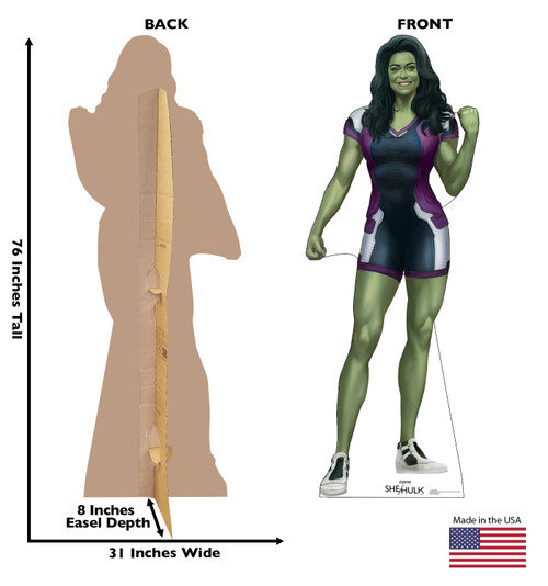 Life-size Cardboard standee of She Hulk with back and front dimensions.