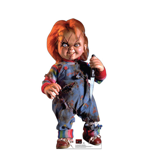 Life-size coroplast outdoor standee of Chucky with knife.