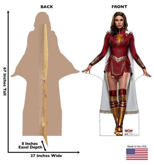 Life-size cardboard standee of Mary Bromfield from the new movie Shazam! Fury of the Gods with back and front dimensions.