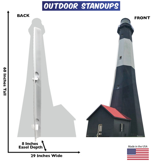 Coroplast outdoor standee of the Tybee Lighthouse with back and front dimensions.