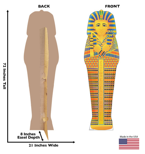 Life-size cardboard standee of Pharaoh Sarcophagus Mummy with back and front dimensions.