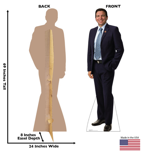 Life-size cardboard standee of Governor Ron DeSantis with back and front dimensions.