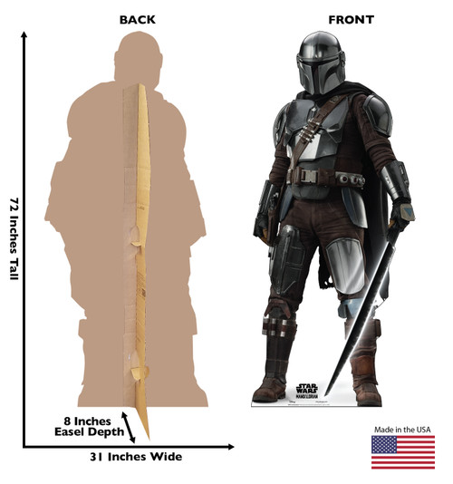 Life-size cardboard standee of The MandalorianTM from Lucas/Disney+ TV series The Mandalorian Season 3 with back and front dimensions.
