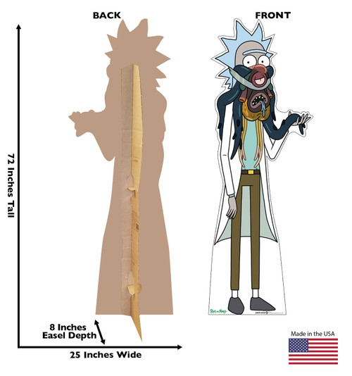 Life-size cardboard standee of Rick from the Rick and Morty TV series with back and front dimensions.