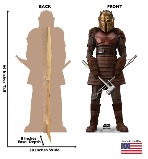 Life-size cardboard standee of The ArmorerTM from Lucas/Disney+ TV series The Mandalorian Season 3 with back and front dimensions.