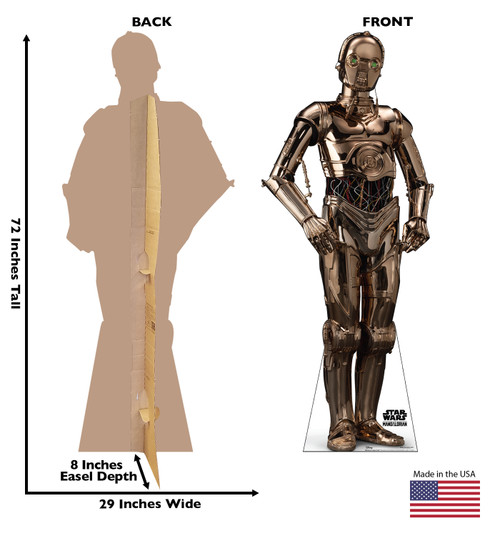 Life-size cardboard standee of Nevarro Copper DroidTM from Lucas/Disney+ TV series The Mandalorian Season 3 with back and front dimensions.