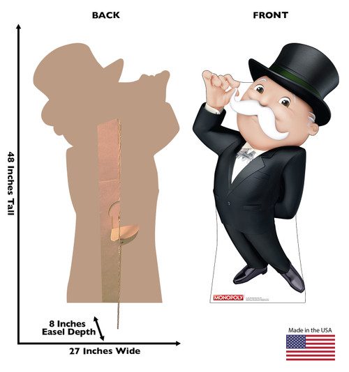 Life-size cardboard standee of Mr. Monopoly Moustache Twirl with back and front dimensions.