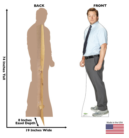 Life-size cardboard standee of Andy Dwyer with back and front dimensions.