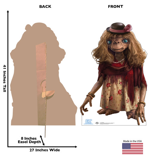 Life-size cardboard standee of E.T. Woman with back and front dimensions.