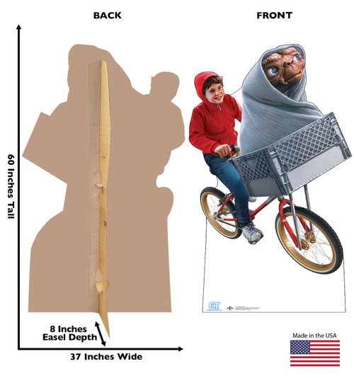 Life-size cardboard standee of E.T. Elliot on Bike with back and front dimensions.