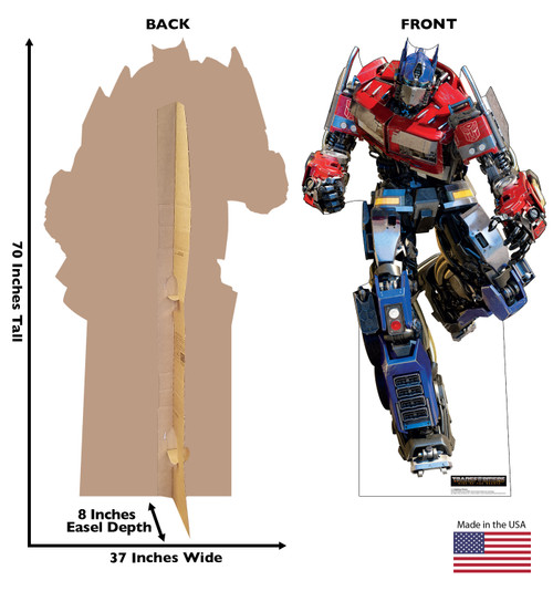 Life-size cardboard standee of Optimus Prime with back and front dimensions.