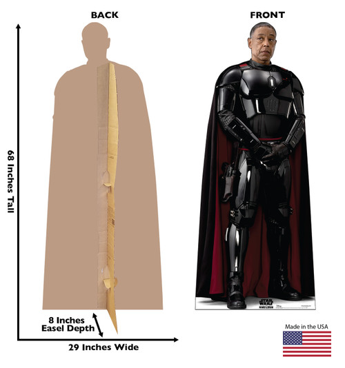 Life-size cardboard standee of Moff GideonTM from Lucas/Disney+ TV series The Mandalorian Season 3 with back and front dimensions.