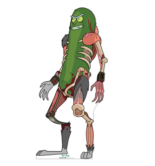 Life-size cardboard standee of Pickle Rick from the Rick and Morty TV series.