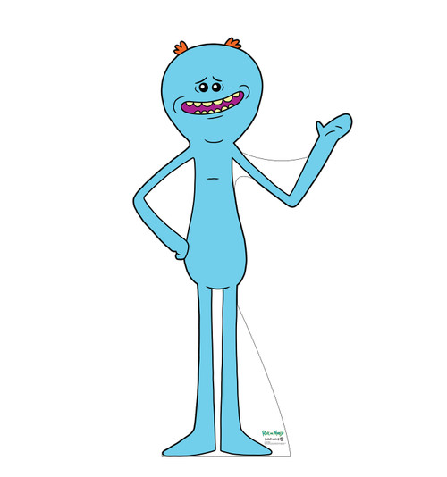 Life-size cardboard standee of Meeseeks from the Rick and Morty TV series.