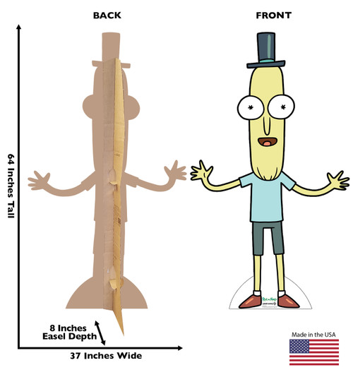 Life-size cardboard standee of Mr. Poopy from the Rick and Morty TV series with back and front dimensions.