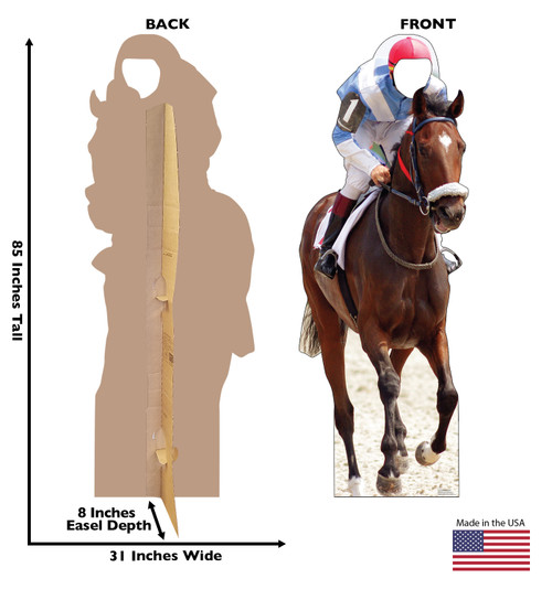 Life-size cardboard standee of a Horse and Jockey standin with back and front dimensions. 