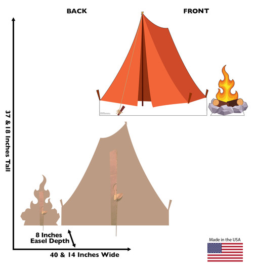 Life-size cardboard standee of a Tent and Campfire with back and front dimensions.