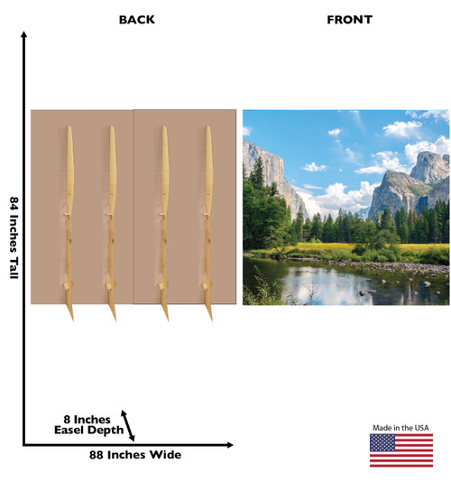 Life-size cardboard standee of a Yosemite Valley Backdrop with back and front dimensions.
