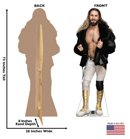 Life-size cardboard standee of Seth Rollins with back and front dimensions.